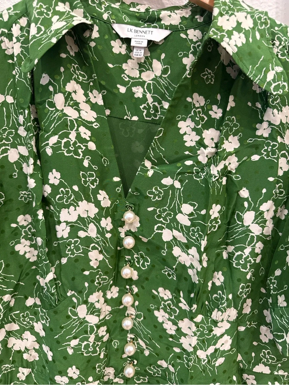 LK Bennett London Green Floral Pearl Button Midi Dress US 10 - Picture 3 of 4
